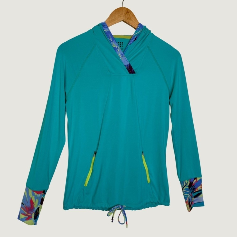 Title Nine Sunbuster Hoodie M Teal‎ Yellow Sun Shirt UPF 50 Rash Guard Beach